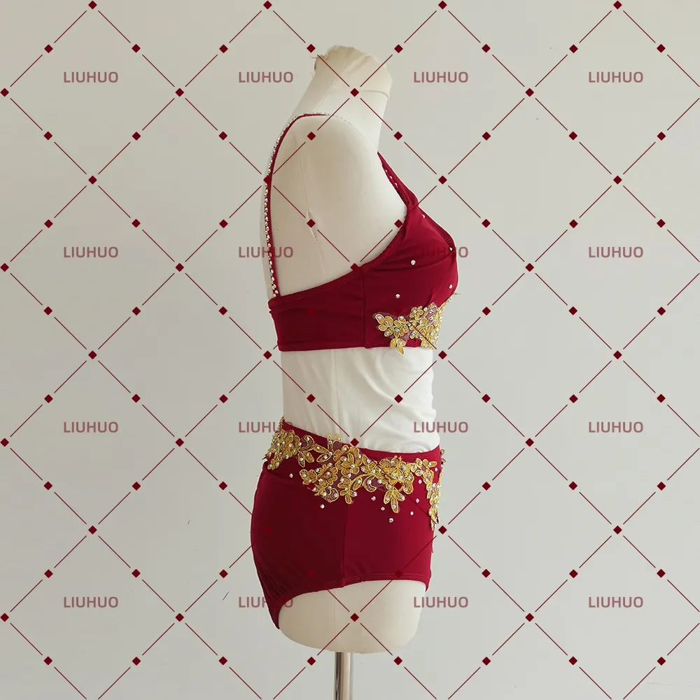 LIUHUO Lyrical Dance Costume BD8852 | Burgundy Gold Asymmetric Draped Lace Competition Contemporary Costume for Girls