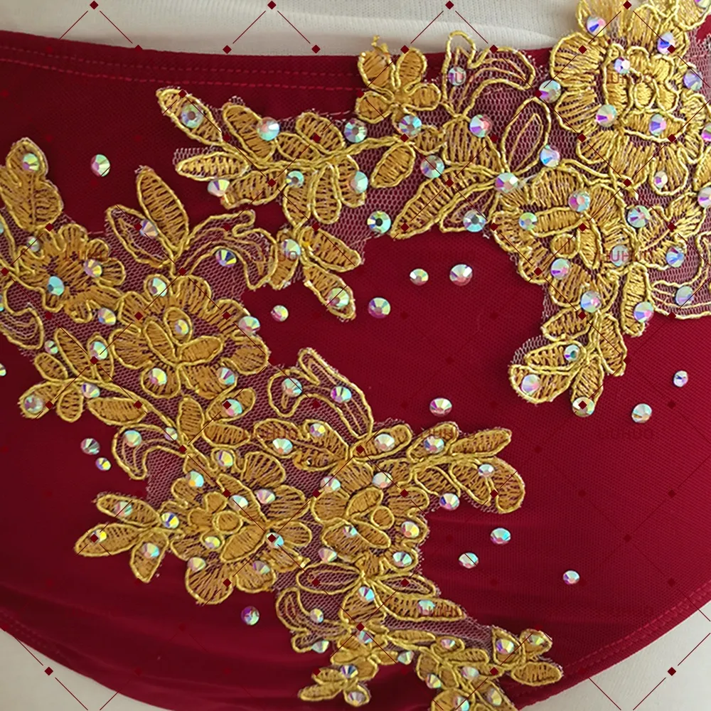 LIUHUO Lyrical Dance Costume BD8852 | Burgundy Gold Asymmetric Draped Lace Competition Contemporary Costume for Girls