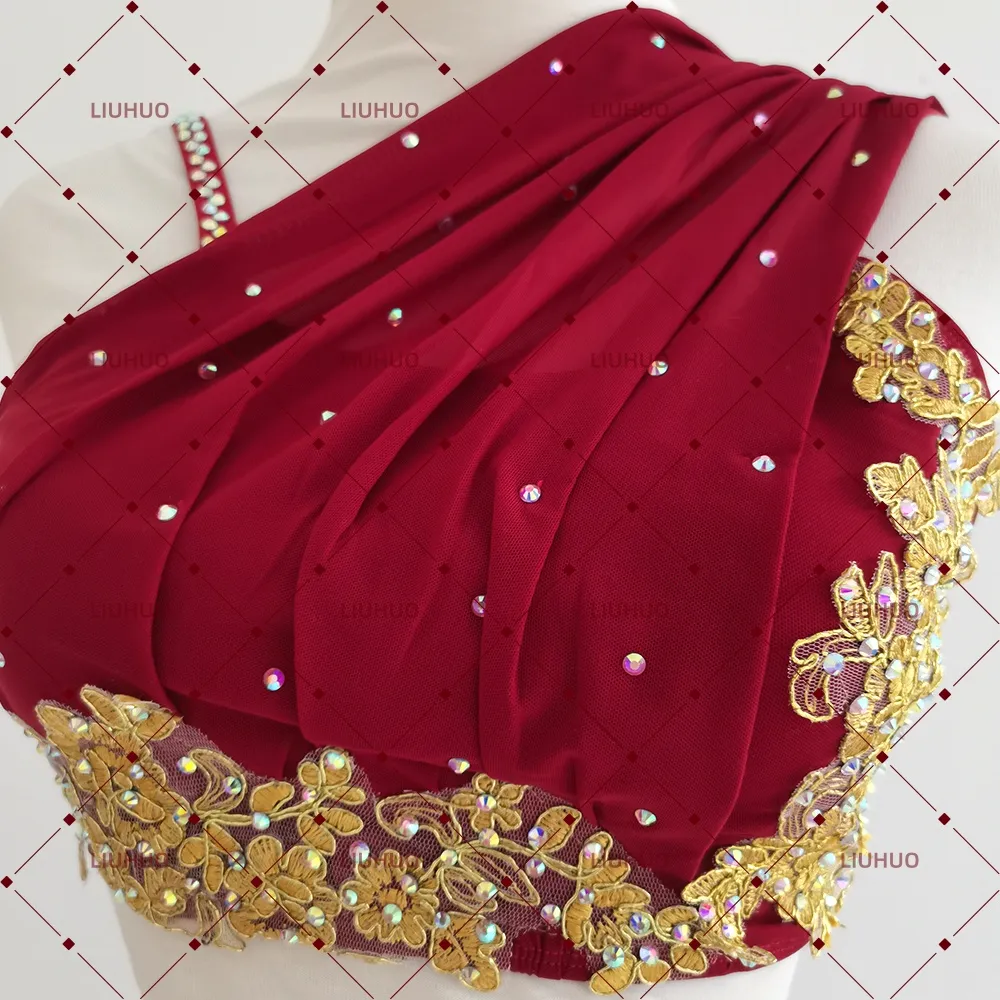 LIUHUO Lyrical Dance Costume BD8852 | Burgundy Gold Asymmetric Draped Lace Competition Contemporary Costume for Girls