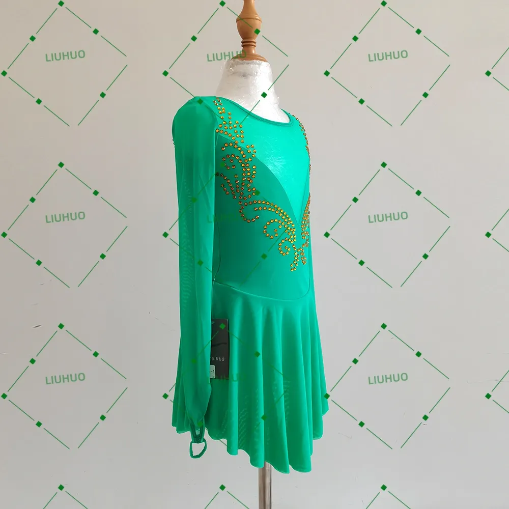 LIUHUO Figure Skating Costume BD8848 | Emerald Green Long Sleeve Illusion Mesh Baroque Gold Rhinestone Competition Lyrical Costume for Girls