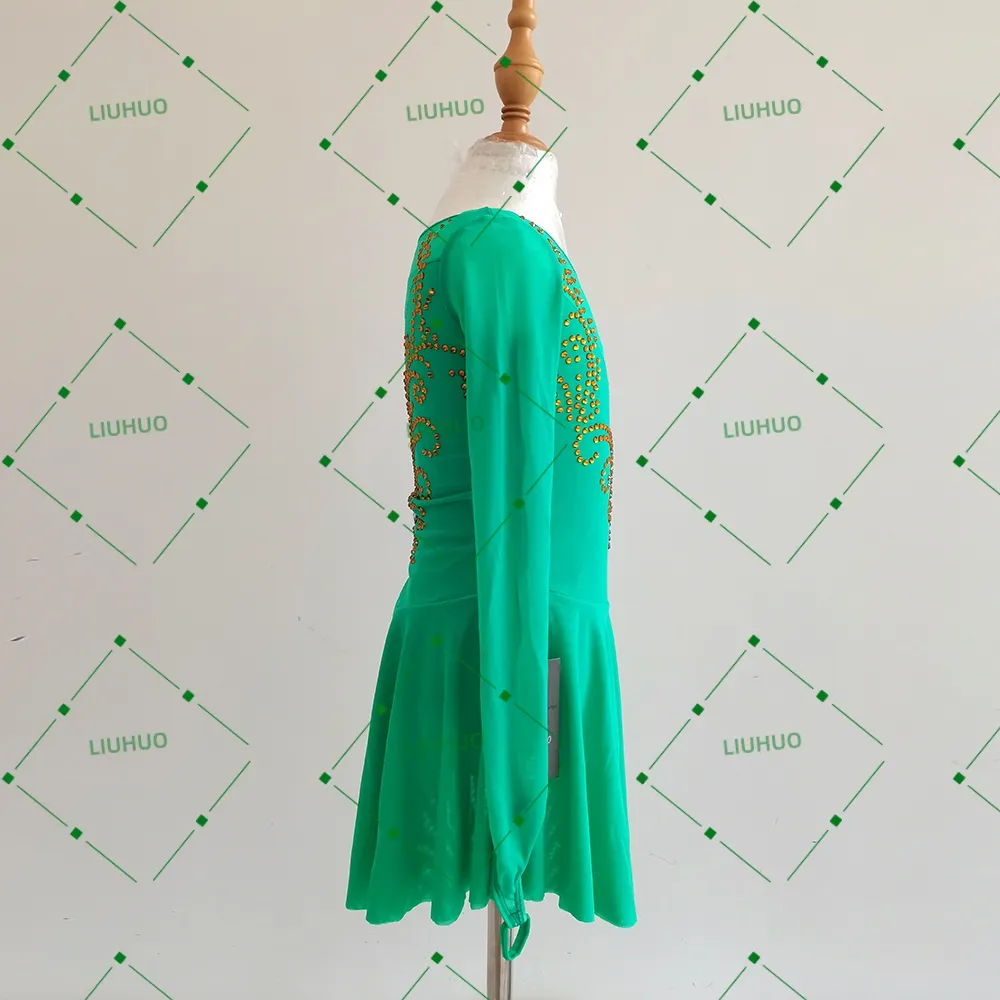 LIUHUO Figure Skating Costume BD8848 | Emerald Green Long Sleeve Illusion Mesh Baroque Gold Rhinestone Competition Lyrical Costume for Girls