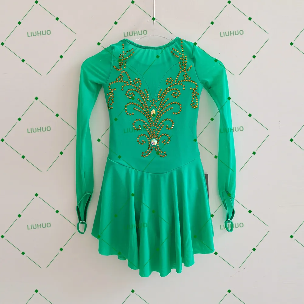 LIUHUO Figure Skating Costume BD8848 | Emerald Green Long Sleeve Illusion Mesh Baroque Gold Rhinestone Competition Lyrical Costume for Girls