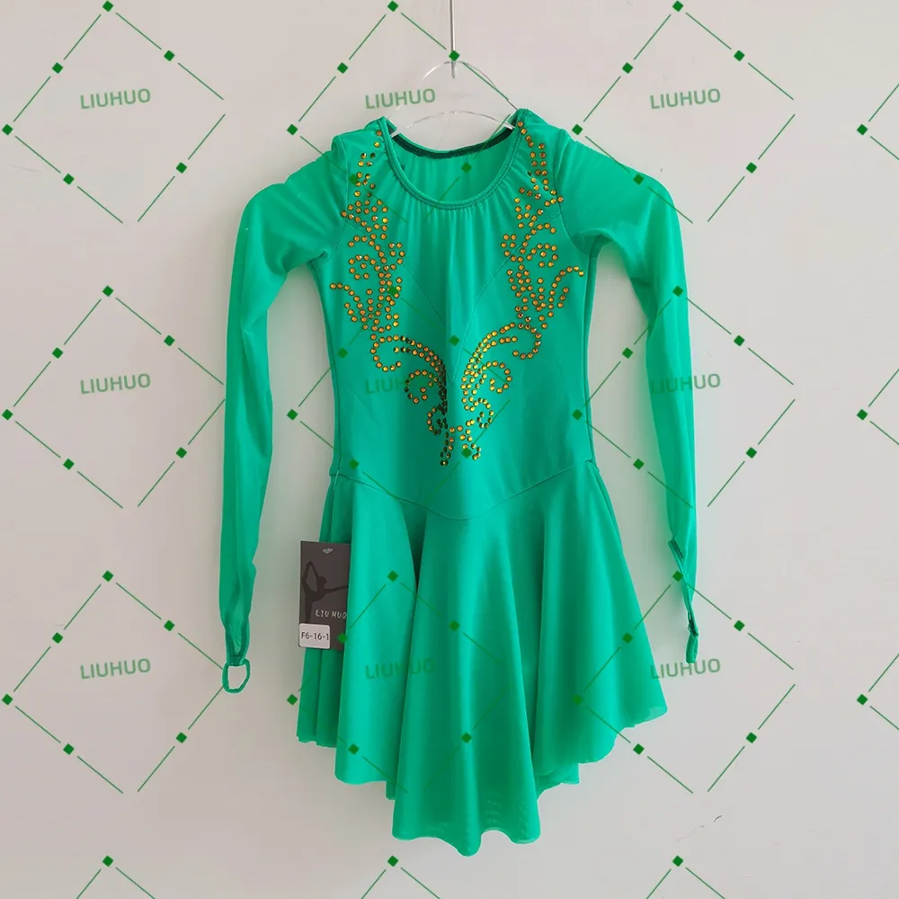 LIUHUO Figure Skating Costume BD8848 | Emerald Green Long Sleeve Illusion Mesh Baroque Gold Rhinestone Competition Lyrical Costume for Girls