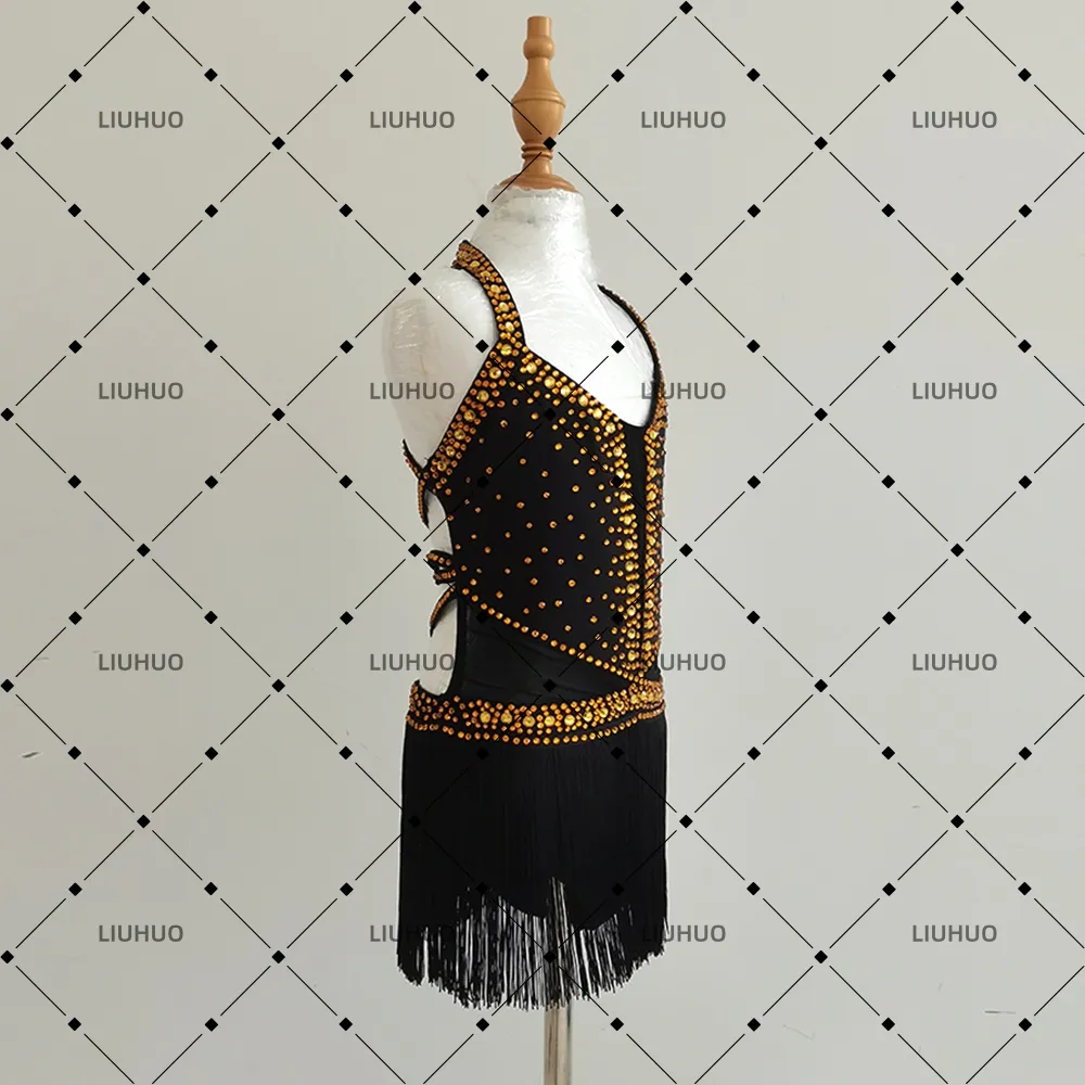LIUHUO Lyrical Dance Costume JC1244 | Black Gold Halter Neck Heavy Crystal Fringe Rhythm Competition Latin Costume for Girls