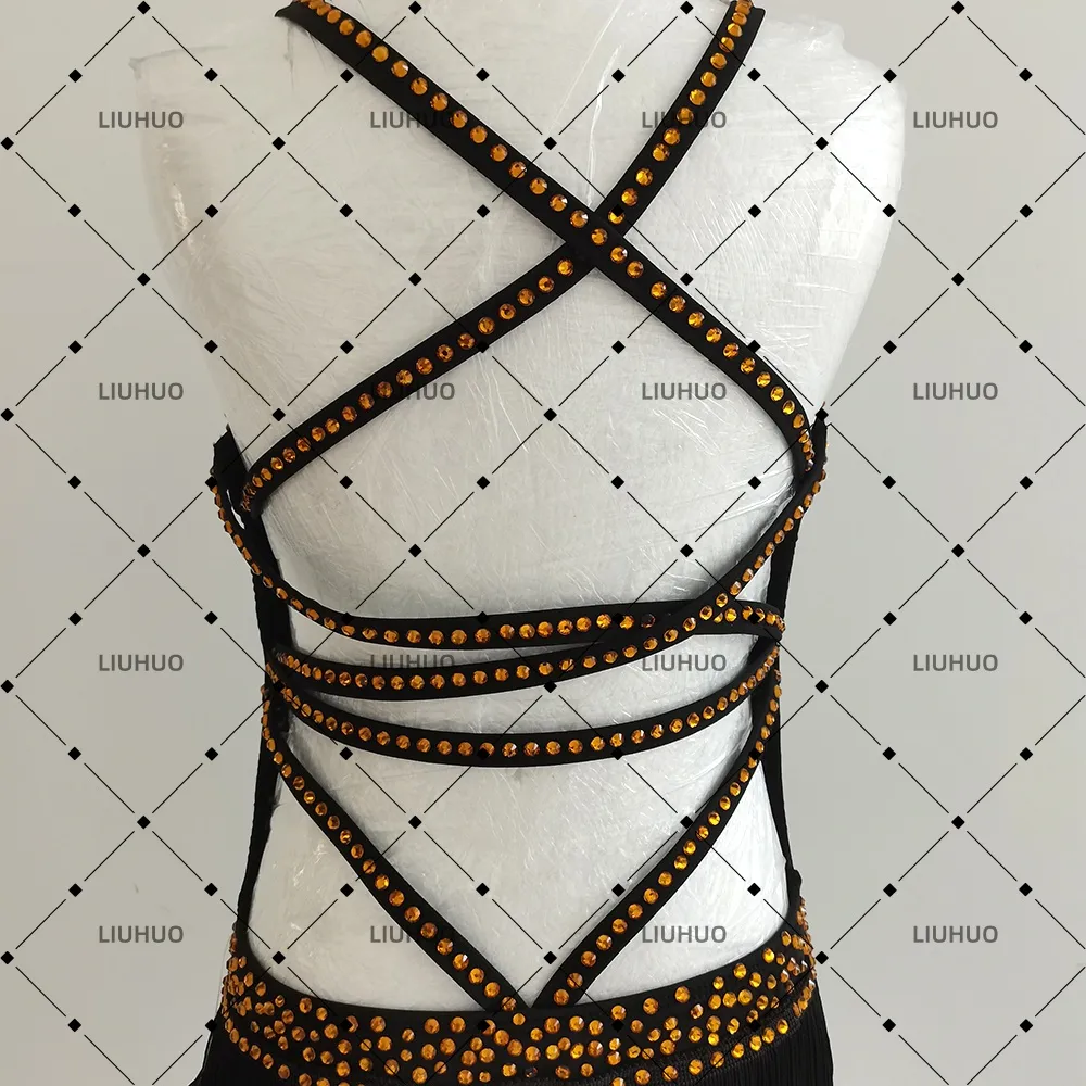 LIUHUO Lyrical Dance Costume JC1244 | Black Gold Halter Neck Heavy Crystal Fringe Rhythm Competition Latin Costume for Girls
