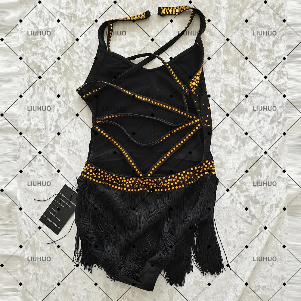 LIUHUO Lyrical Dance Costume JC1244 | Black Gold Halter Neck Heavy Crystal Fringe Rhythm Competition Latin Costume for Girls