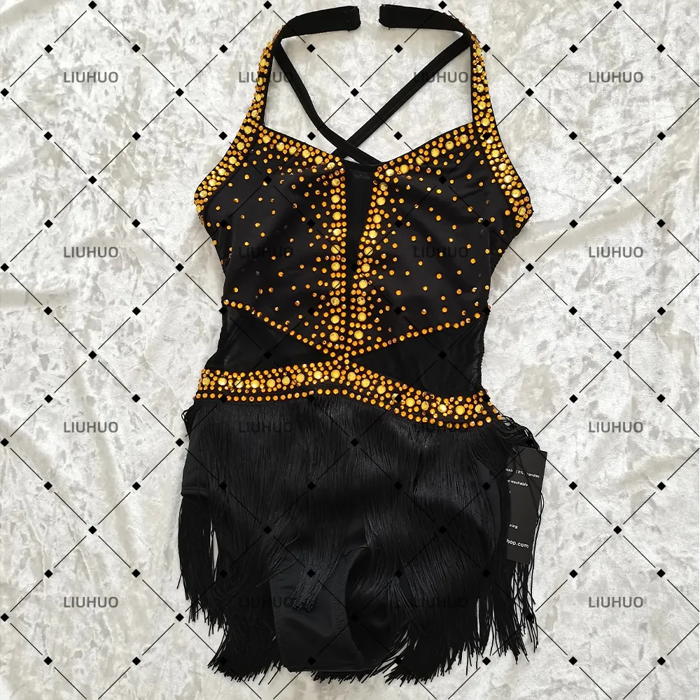 LIUHUO Lyrical Dance Costume JC1244 | Black Gold Halter Neck Heavy Crystal Fringe Rhythm Competition Latin Costume for Girls