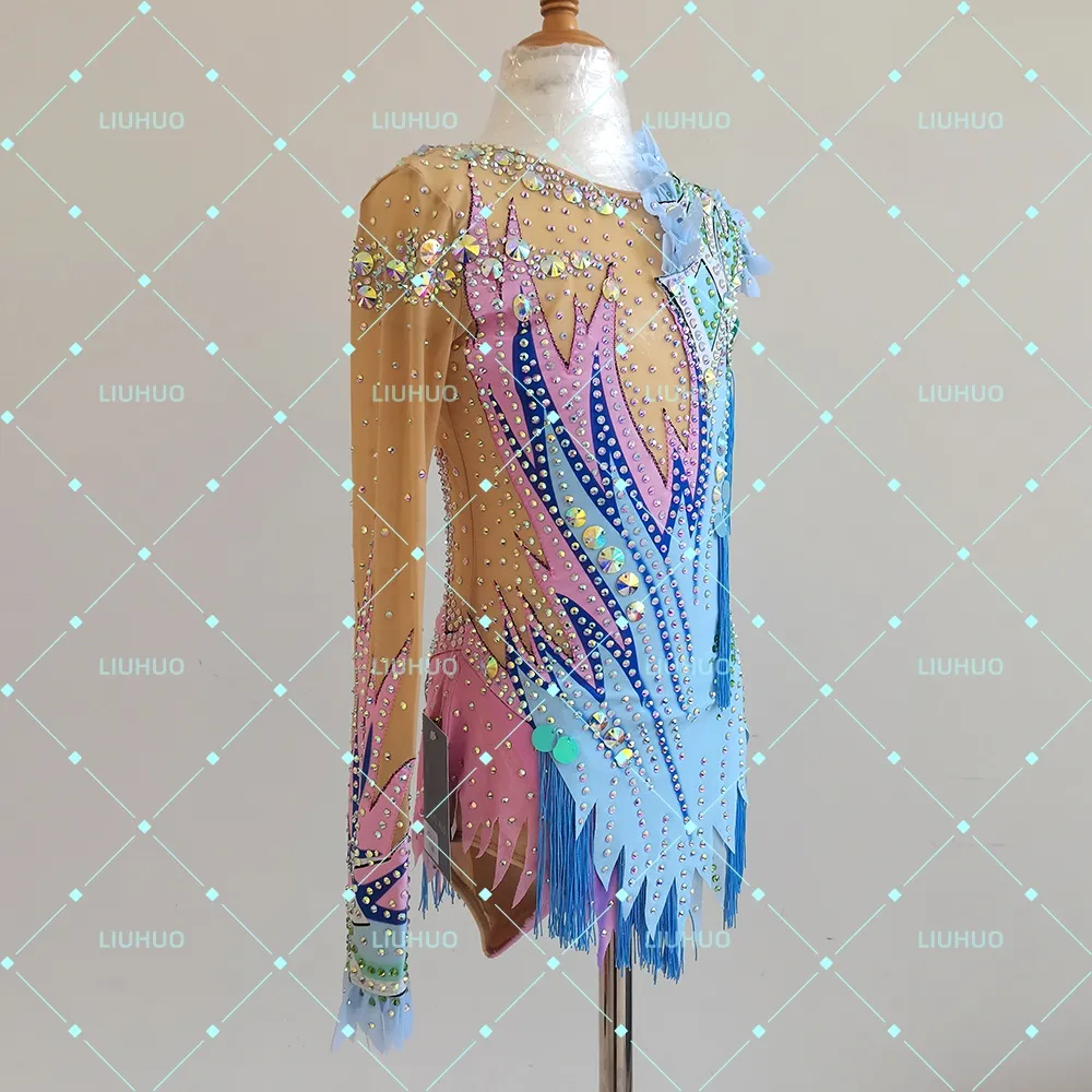 LIUHUO Rhythmic Gymnastics Leotard BD7042 | Sky Blue Pink Pastel Fringe Asymmetric Shoulder Crystal Long Sleeve Costume for Girls