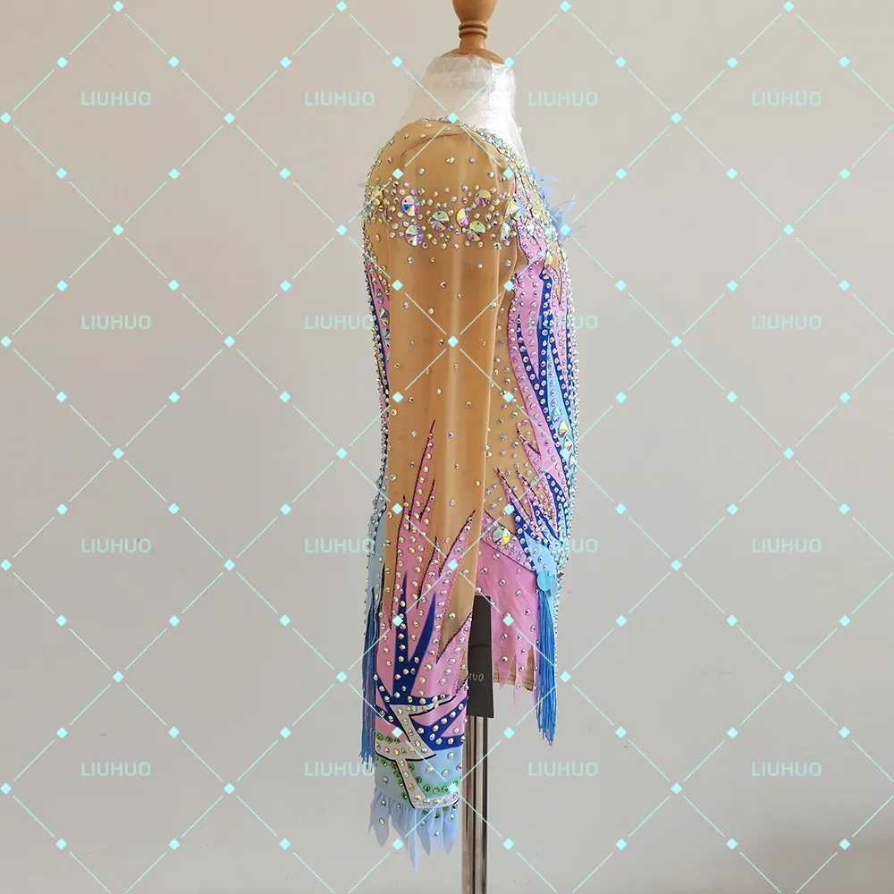 LIUHUO Rhythmic Gymnastics Leotard BD7042 | Sky Blue Pink Pastel Fringe Asymmetric Shoulder Crystal Long Sleeve Costume for Girls