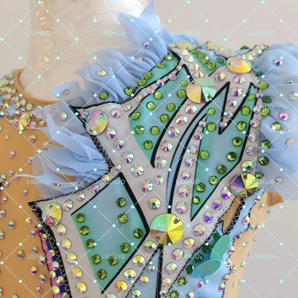 LIUHUO Rhythmic Gymnastics Leotard BD7042 | Sky Blue Pink Pastel Fringe Asymmetric Shoulder Crystal Long Sleeve Costume for Girls