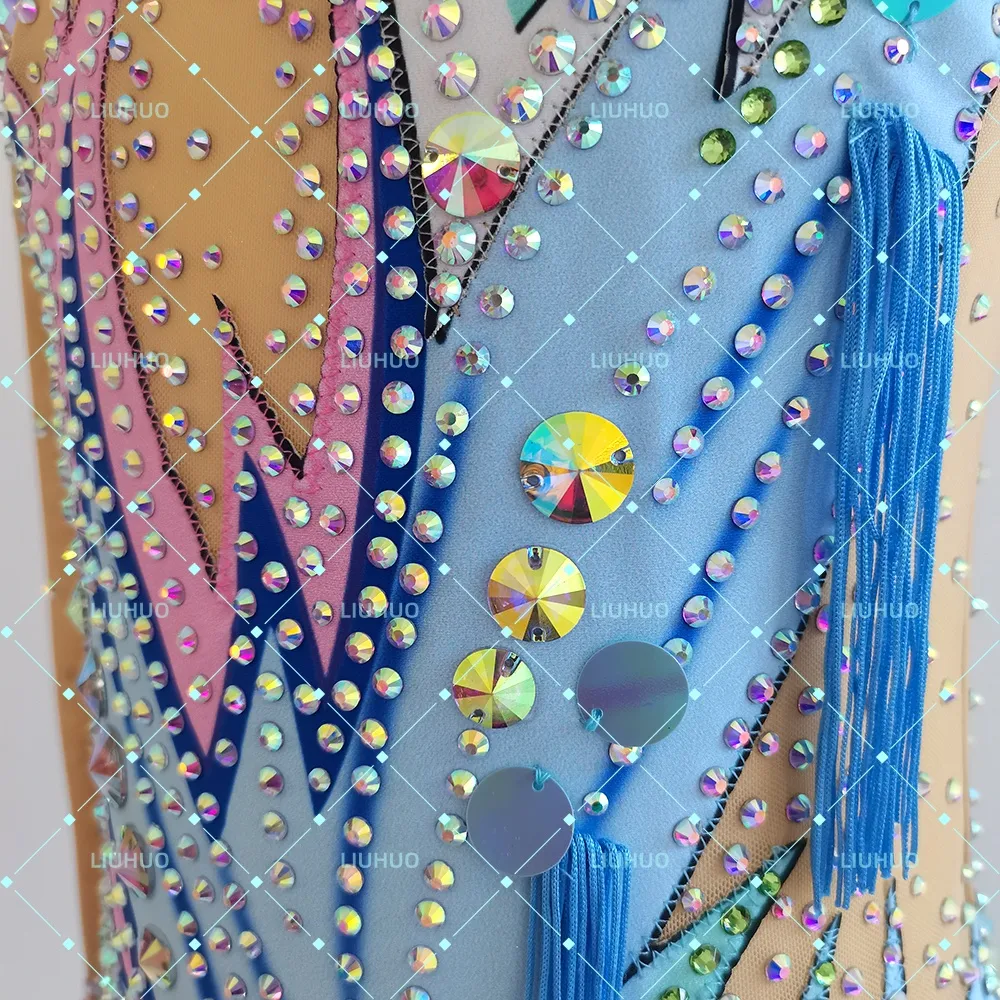 LIUHUO Rhythmic Gymnastics Leotard BD7042 | Sky Blue Pink Pastel Fringe Asymmetric Shoulder Crystal Long Sleeve Costume for Girls