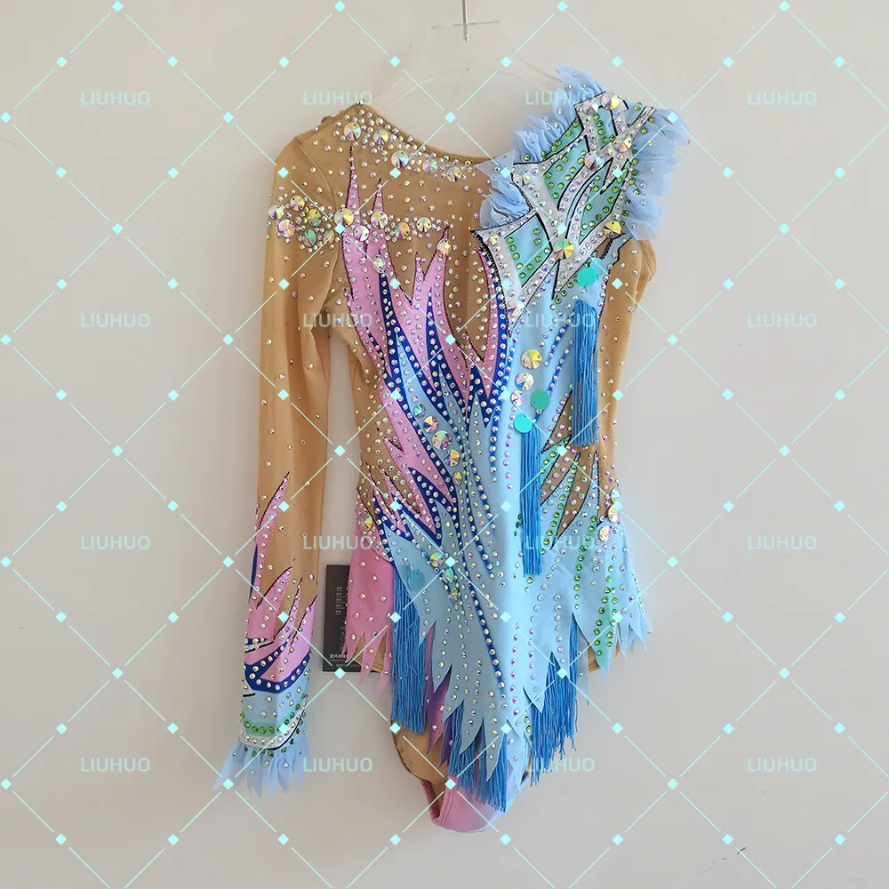 LIUHUO Rhythmic Gymnastics Leotard BD7042 | Sky Blue Pink Pastel Fringe Asymmetric Shoulder Crystal Long Sleeve Costume for Girls