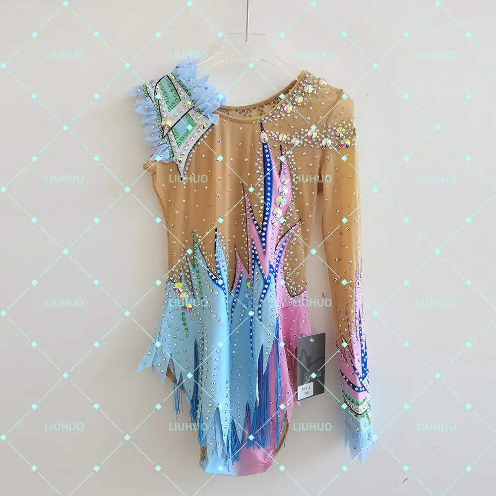 LIUHUO Rhythmic Gymnastics Leotard BD7042 | Sky Blue Pink Pastel Fringe Asymmetric Shoulder Crystal Long Sleeve Costume for Girls