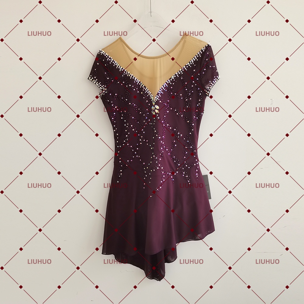 LIUHUO Figure Skating Dress JC332 | Burgundy Crystal Short Sleeve Competition Skating Costume for Girls