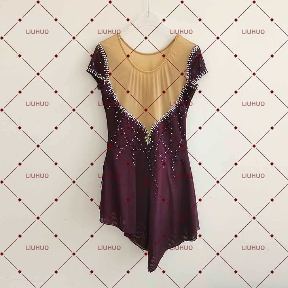 LIUHUO Figure Skating Dress JC332 | Burgundy Crystal Short Sleeve Competition Skating Costume for Girls