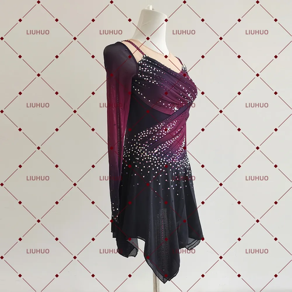 LIUHUO Figure Skating Dress  JC878 | Deep Plum Ombré Ruched Bodice Geometric Star Back Crystal Long Sleeve Outfit for Women & Girls
