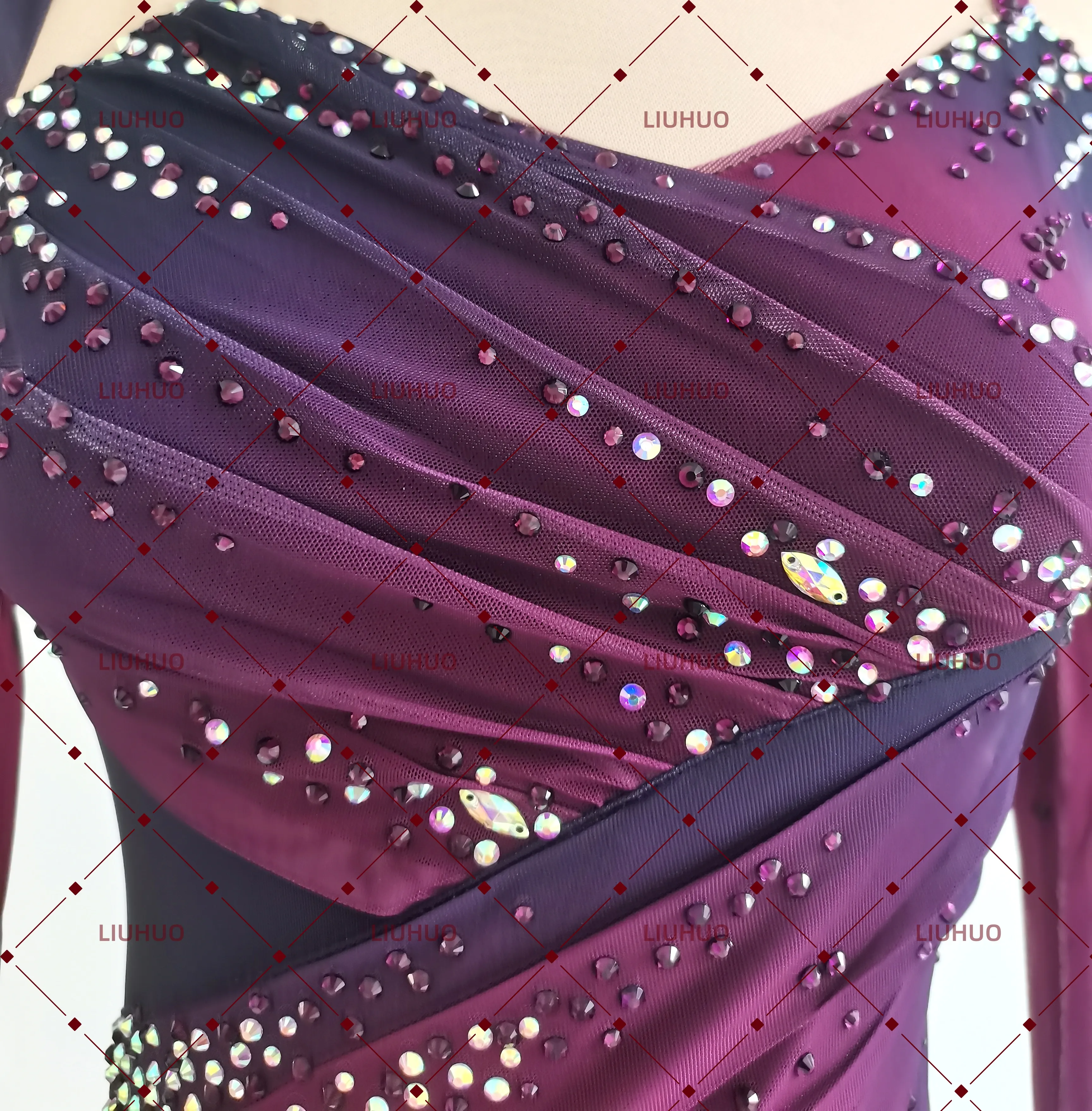 LIUHUO Figure Skating Dress  JC878 | Deep Plum Ombré Ruched Bodice Geometric Star Back Crystal Long Sleeve Outfit for Women & Girls