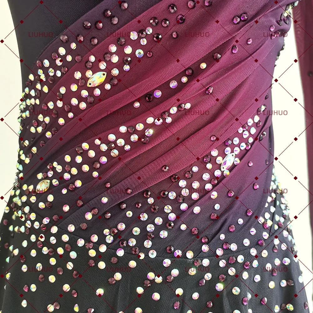 LIUHUO Figure Skating Dress  JC878 | Deep Plum Ombré Ruched Bodice Geometric Star Back Crystal Long Sleeve Outfit for Women & Girls