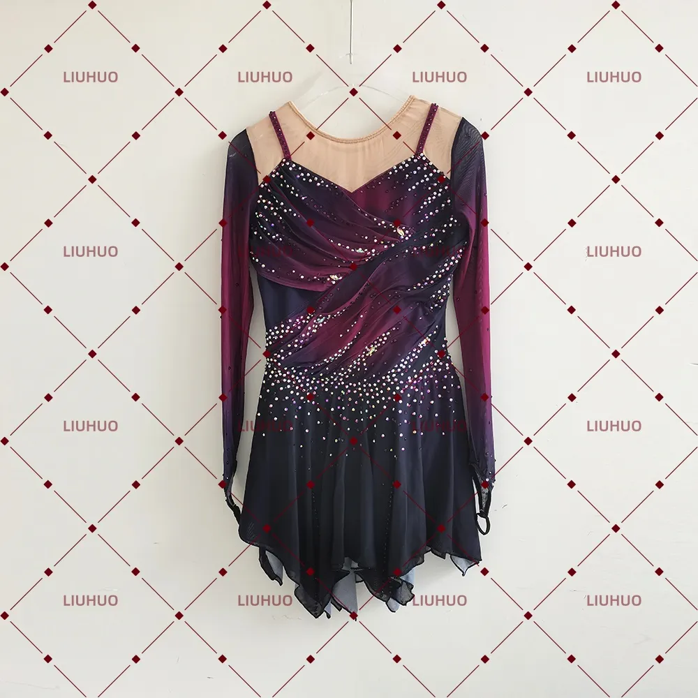 LIUHUO Figure Skating Dress  JC878 | Deep Plum Ombré Ruched Bodice Geometric Star Back Crystal Long Sleeve Outfit for Women & Girls