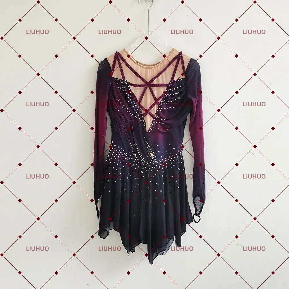 LIUHUO Figure Skating Dress  JC878 | Deep Plum Ombré Ruched Bodice Geometric Star Back Crystal Long Sleeve Outfit for Women & Girls