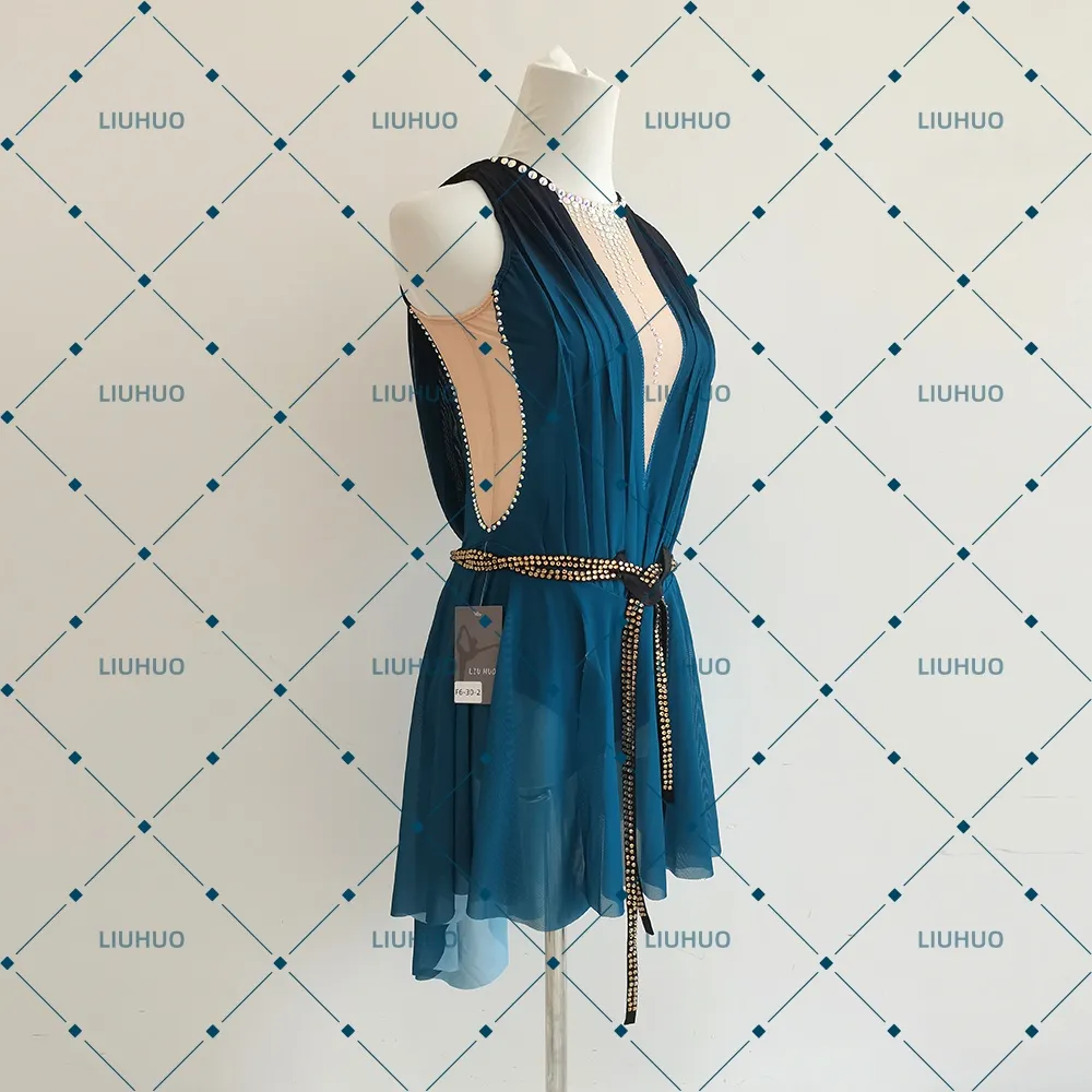 LIUHUO Figure Skating Dress JC1248 | Deep Teal Ombré Plunging V-Neck Gold Beaded Belt Keyhole Back Chiffon Ice Costume for Women