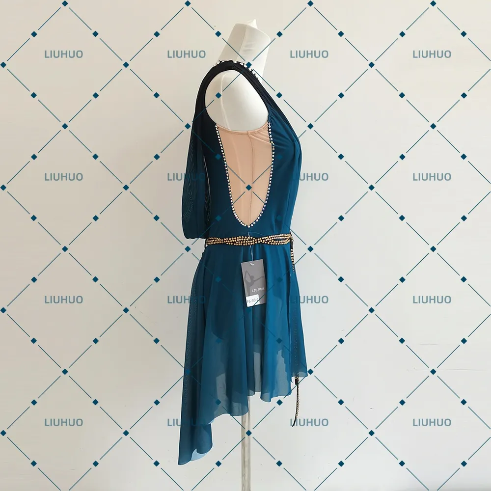 LIUHUO Figure Skating Dress JC1248 | Deep Teal Ombré Plunging V-Neck Gold Beaded Belt Keyhole Back Chiffon Ice Costume for Women