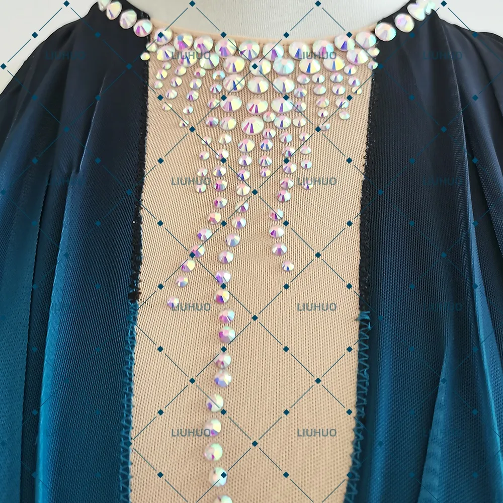 LIUHUO Figure Skating Dress JC1248 | Deep Teal Ombré Plunging V-Neck Gold Beaded Belt Keyhole Back Chiffon Ice Costume for Women