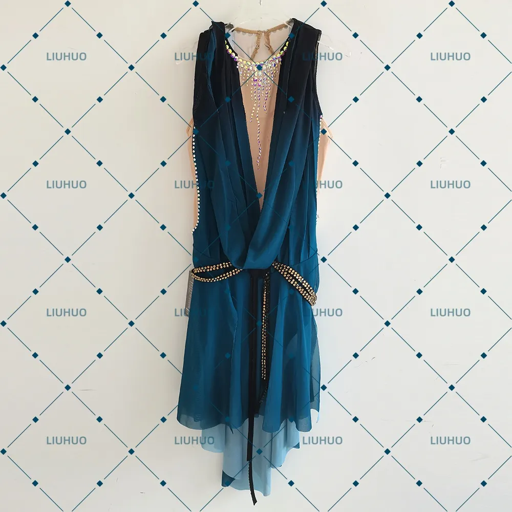 LIUHUO Figure Skating Dress JC1248 | Deep Teal Ombré Plunging V-Neck Gold Beaded Belt Keyhole Back Chiffon Ice Costume for Women