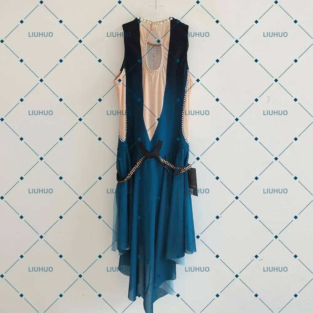 LIUHUO Figure Skating Dress JC1248 | Deep Teal Ombré Plunging V-Neck Gold Beaded Belt Keyhole Back Chiffon Ice Costume for Women