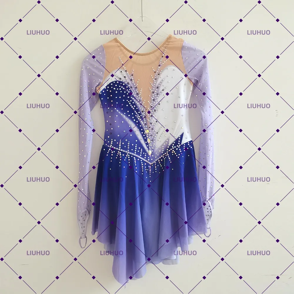 LIUHUO Figure Skating Dress  JC1261 | Lavender Violet Deep Indigo Ombré Feather Motif Crystal Long Sleeve Outfit for Women & Girls