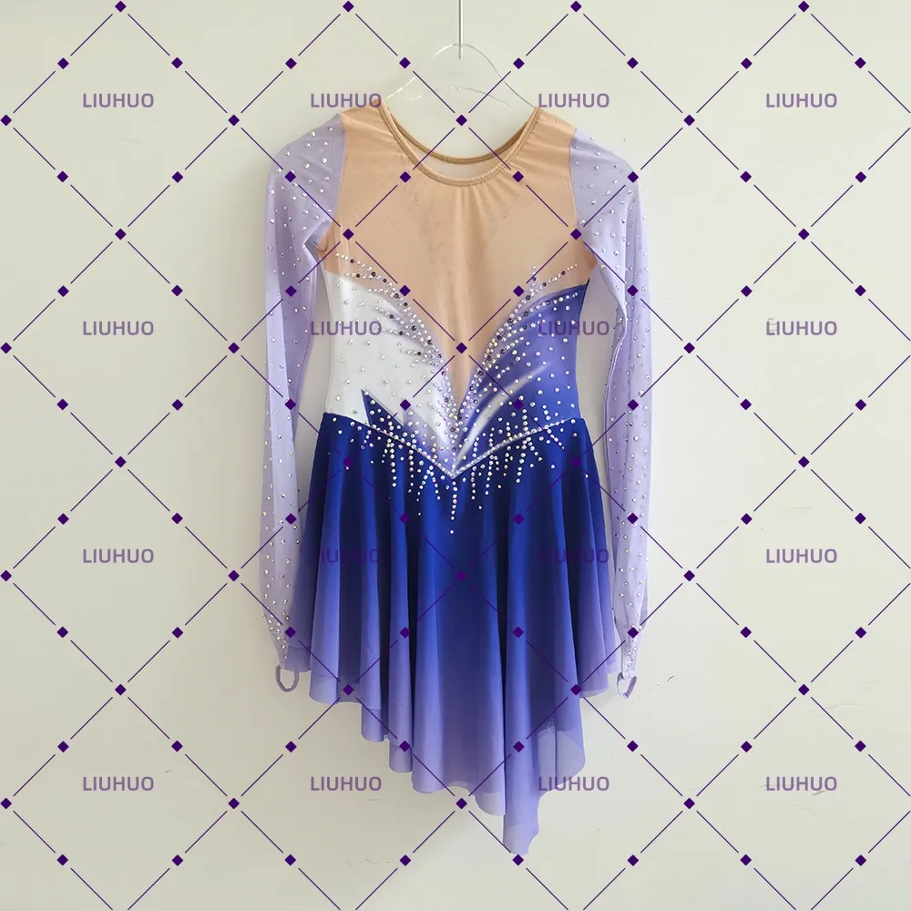 LIUHUO Figure Skating Dress  JC1261 | Lavender Violet Deep Indigo Ombré Feather Motif Crystal Long Sleeve Outfit for Women & Girls