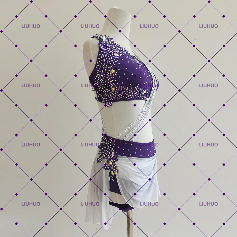 LIUHUO Lyrical Dance Costume BD1926 | Deep Purple White Asymmetrical Crystal Cross-Sash Two-Piece Mesh Costume for Women & Girls