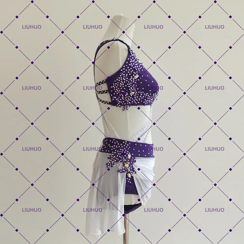 LIUHUO Lyrical Dance Costume BD1926 | Deep Purple White Asymmetrical Crystal Cross-Sash Two-Piece Mesh Costume for Women & Girls