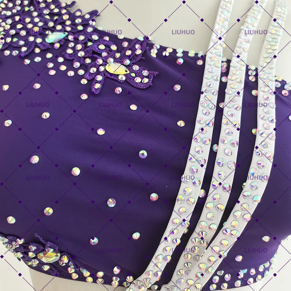 LIUHUO Lyrical Dance Costume BD1926 | Deep Purple White Asymmetrical Crystal Cross-Sash Two-Piece Mesh Costume for Women & Girls