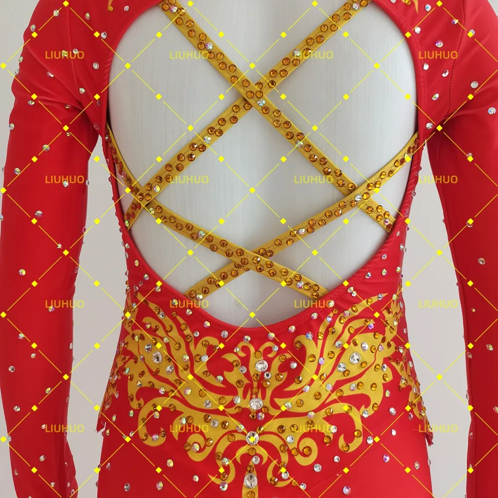 LIUHUO Rhythmic Gymnastics Unitard JC1243 | Scarlet Red Gold Baroque Heart Crystal Full-Body Jumpsuit Cat suit for Women & Girls
