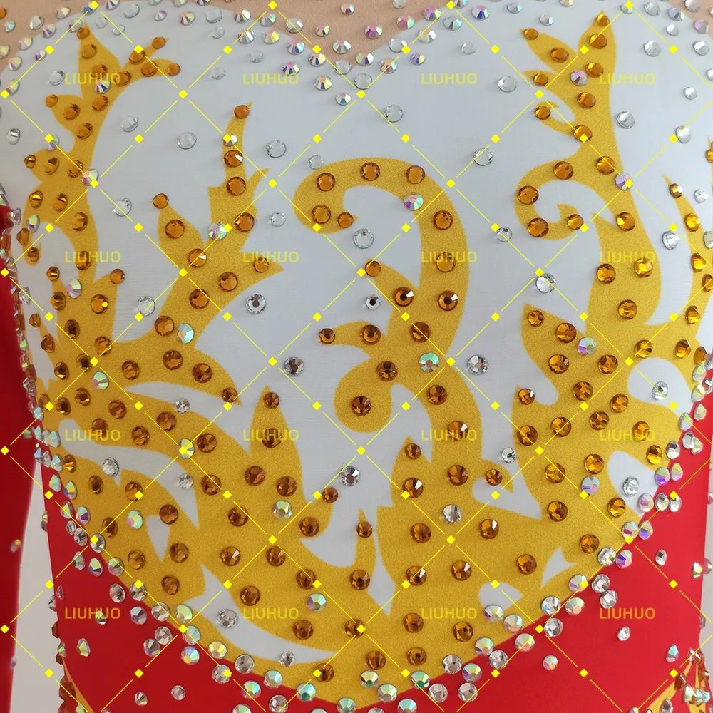 LIUHUO Rhythmic Gymnastics Unitard JC1243 | Scarlet Red Gold Baroque Heart Crystal Full-Body Jumpsuit Cat suit for Women & Girls