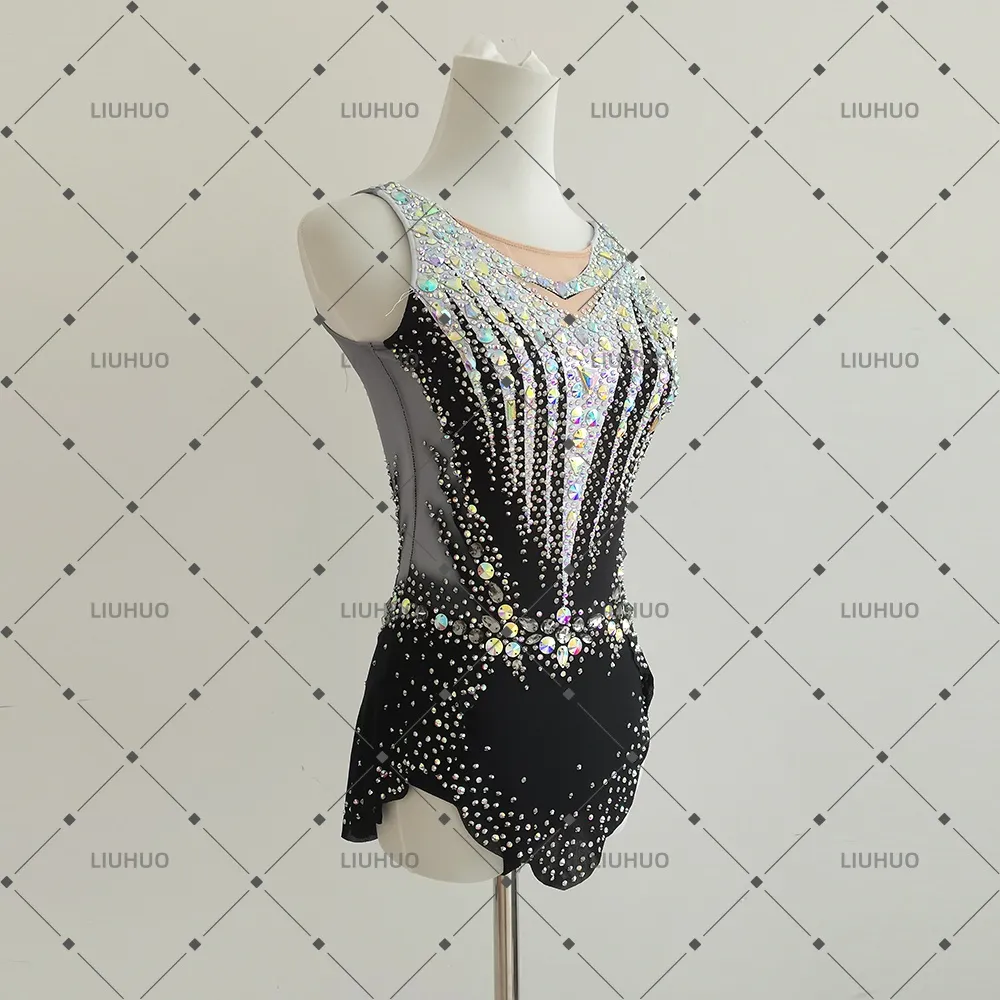 LIUHUO Rhythmic Gymnastics Leotard JC1276 | Black Silver V-Neck Sleeveless Crystal Matrix Competition Suit for Women & Girls