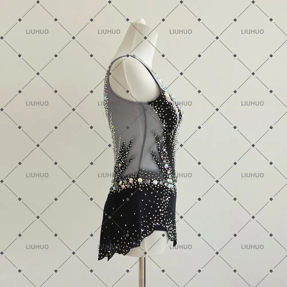 LIUHUO Rhythmic Gymnastics Leotard JC1276 | Black Silver V-Neck Sleeveless Crystal Matrix Competition Suit for Women & Girls