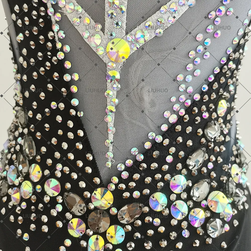 LIUHUO Rhythmic Gymnastics Leotard JC1276 | Black Silver V-Neck Sleeveless Crystal Matrix Competition Suit for Women & Girls