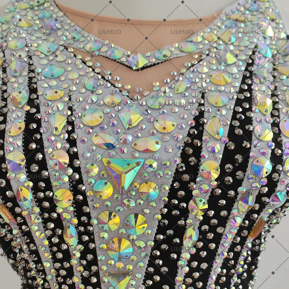 LIUHUO Rhythmic Gymnastics Leotard JC1276 | Black Silver V-Neck Sleeveless Crystal Matrix Competition Suit for Women & Girls