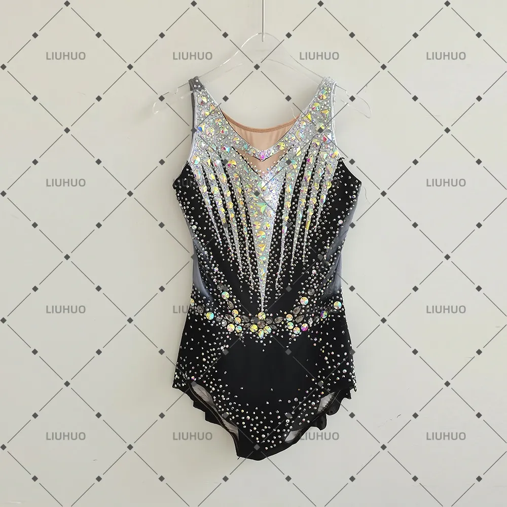 LIUHUO Rhythmic Gymnastics Leotard JC1276 | Black Silver V-Neck Sleeveless Crystal Matrix Competition Suit for Women & Girls