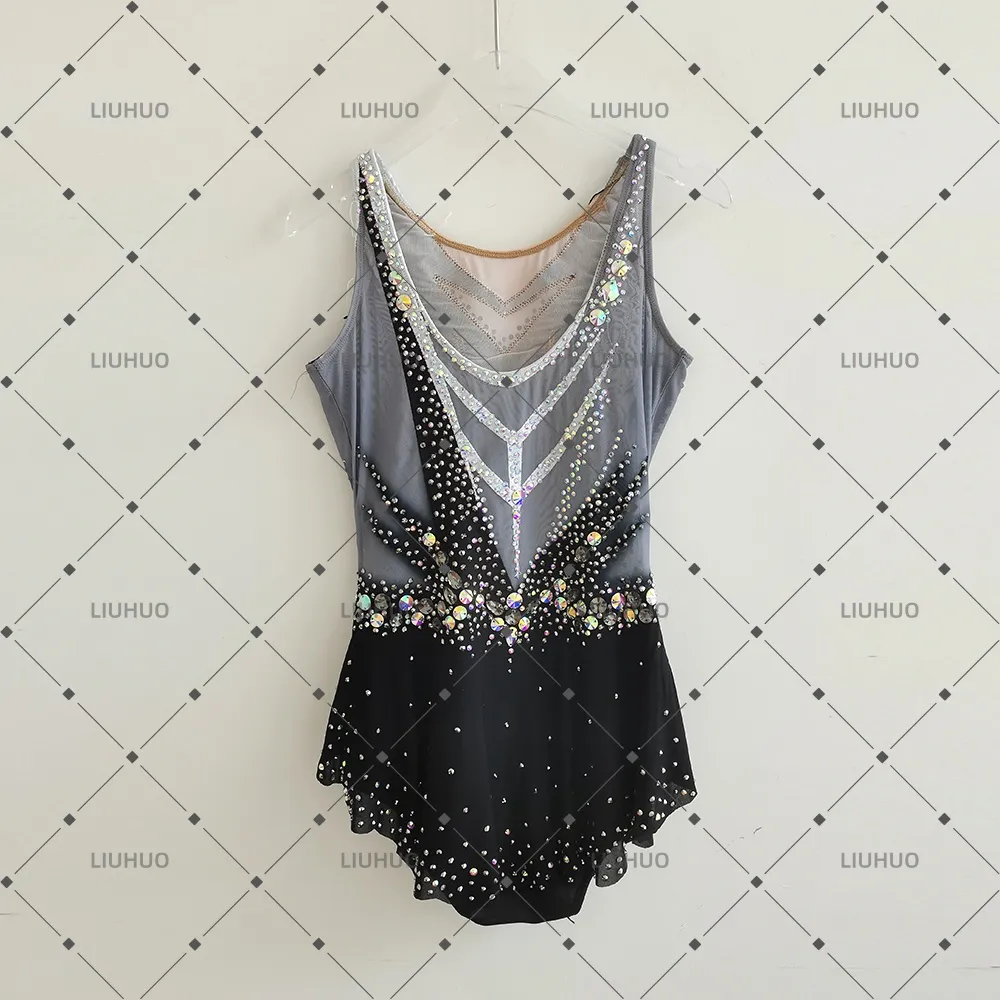 LIUHUO Rhythmic Gymnastics Leotard JC1276 | Black Silver V-Neck Sleeveless Crystal Matrix Competition Suit for Women & Girls