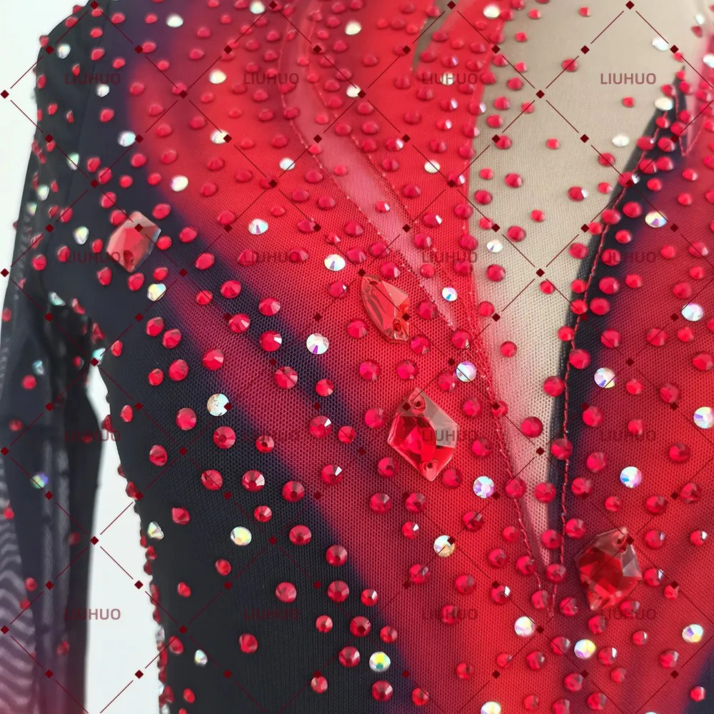 LIUHUO Figure Skating Dress  JC923 | Crimson Red Onyx Black Flame Ombré High-Neck Crystal Long Sleeve Performance Outfit for Women & Girls