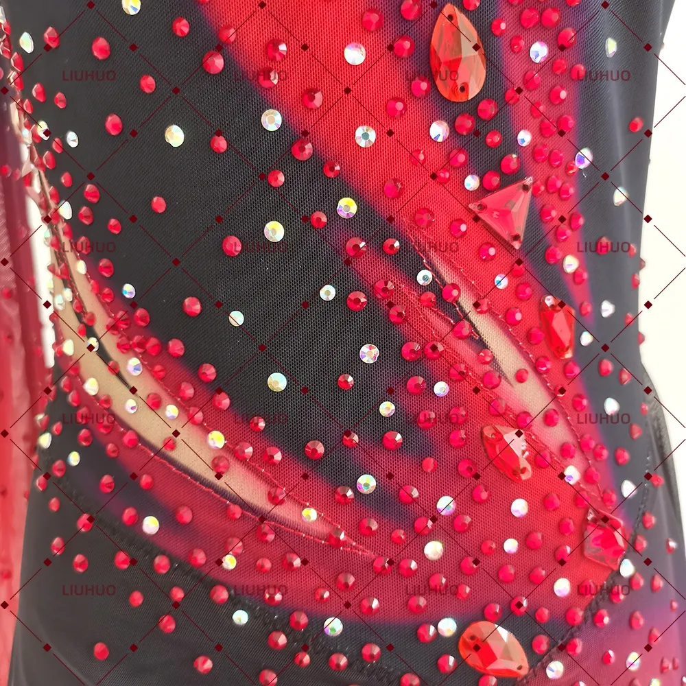 LIUHUO Figure Skating Dress  JC923 | Crimson Red Onyx Black Flame Ombré High-Neck Crystal Long Sleeve Performance Outfit for Women & Girls