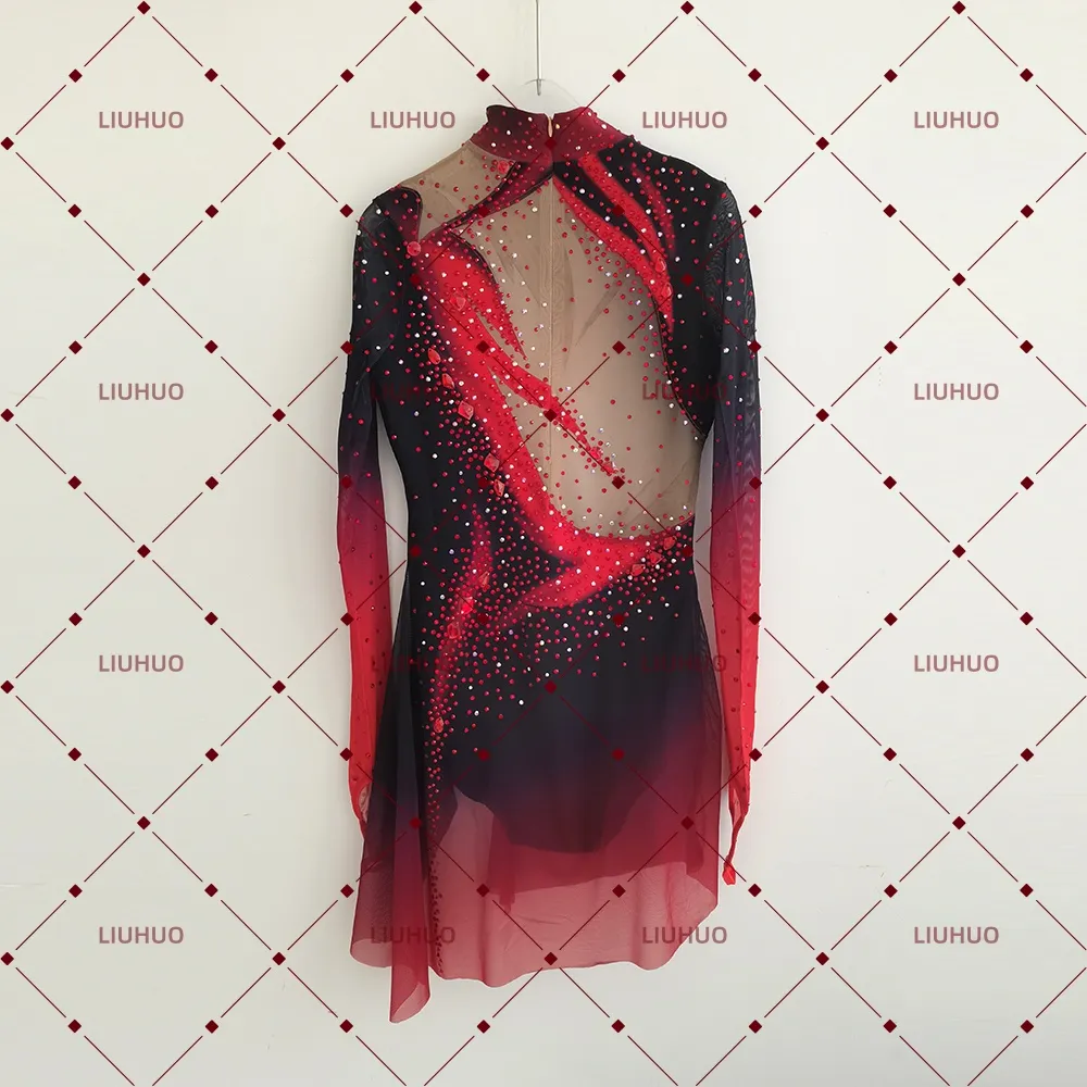LIUHUO Figure Skating Dress  JC923 | Crimson Red Onyx Black Flame Ombré High-Neck Crystal Long Sleeve Performance Outfit for Women & Girls