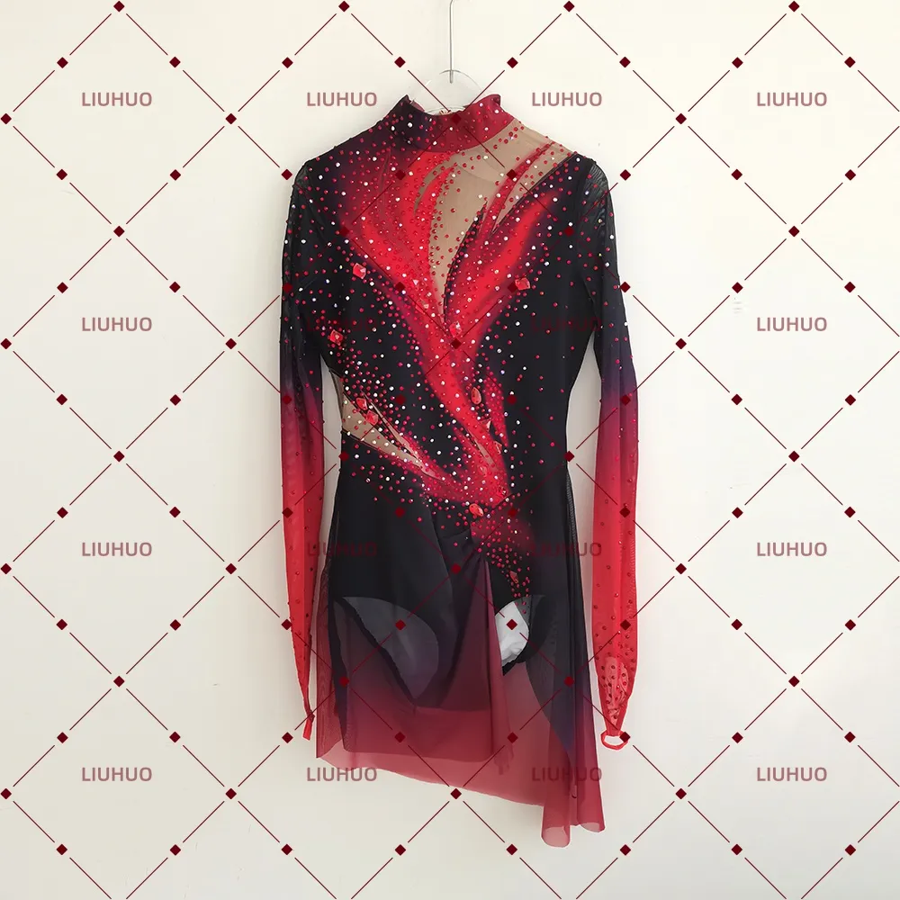 LIUHUO Figure Skating Dress  JC923 | Crimson Red Onyx Black Flame Ombré High-Neck Crystal Long Sleeve Performance Outfit for Women & Girls