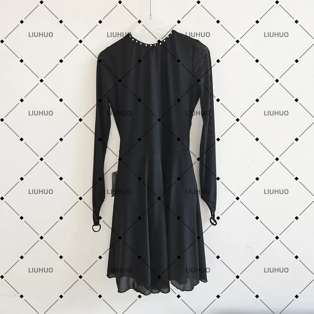 LIUHUO Figure Skating Dress  JC1288 | Minimalist Onyx Black Mesh Waist Keyhole Back Long Sleeve Practice Competition Outfit for Women & Girls