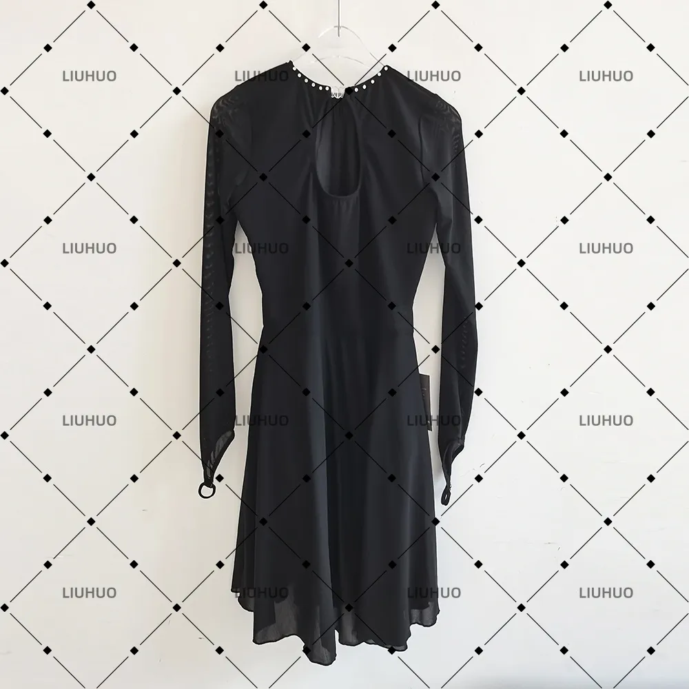 LIUHUO Figure Skating Dress  JC1288 | Minimalist Onyx Black Mesh Waist Keyhole Back Long Sleeve Practice Competition Outfit for Women & Girls