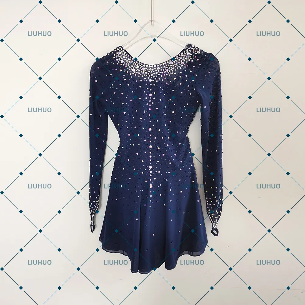 LIUHUO Figure Skating Dress  JC479 | Midnight Navy Blue Lattice Open Back Bow Tie Crystal Long Sleeve Outfit for Women & Girls