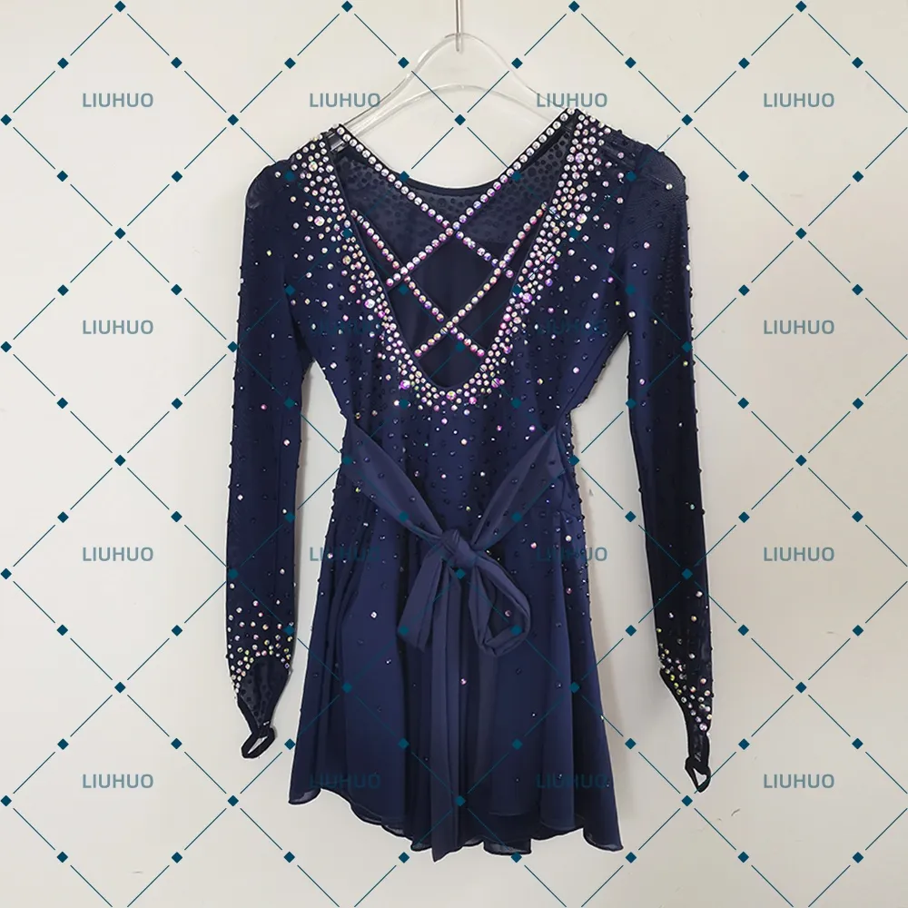 LIUHUO Figure Skating Dress  JC479 | Midnight Navy Blue Lattice Open Back Bow Tie Crystal Long Sleeve Outfit for Women & Girls